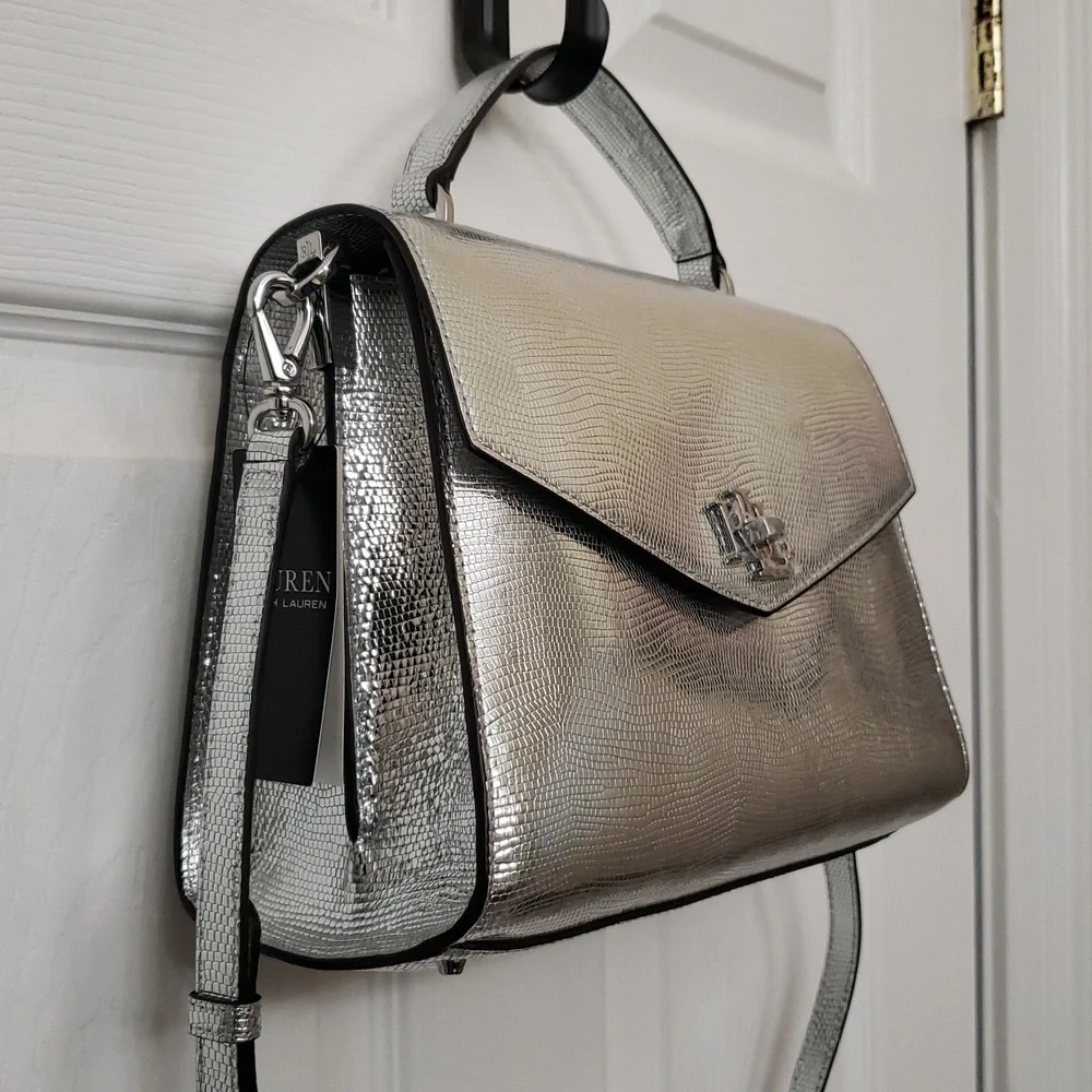 Lauren Ralph LaurenSilver Satchel with Structured Shape and Flap Closure.‎ (B1)